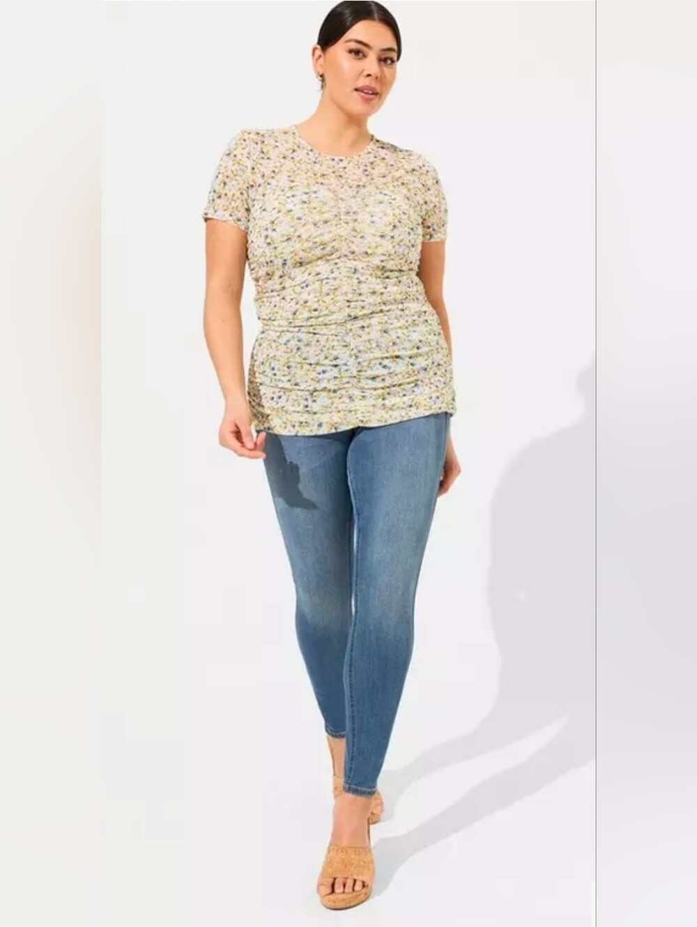Torrid Ditsy Floral Stretch Mesh Crew Neck Ruched Top Size 3X